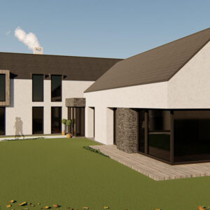 Modern suburban house with large windows and garden