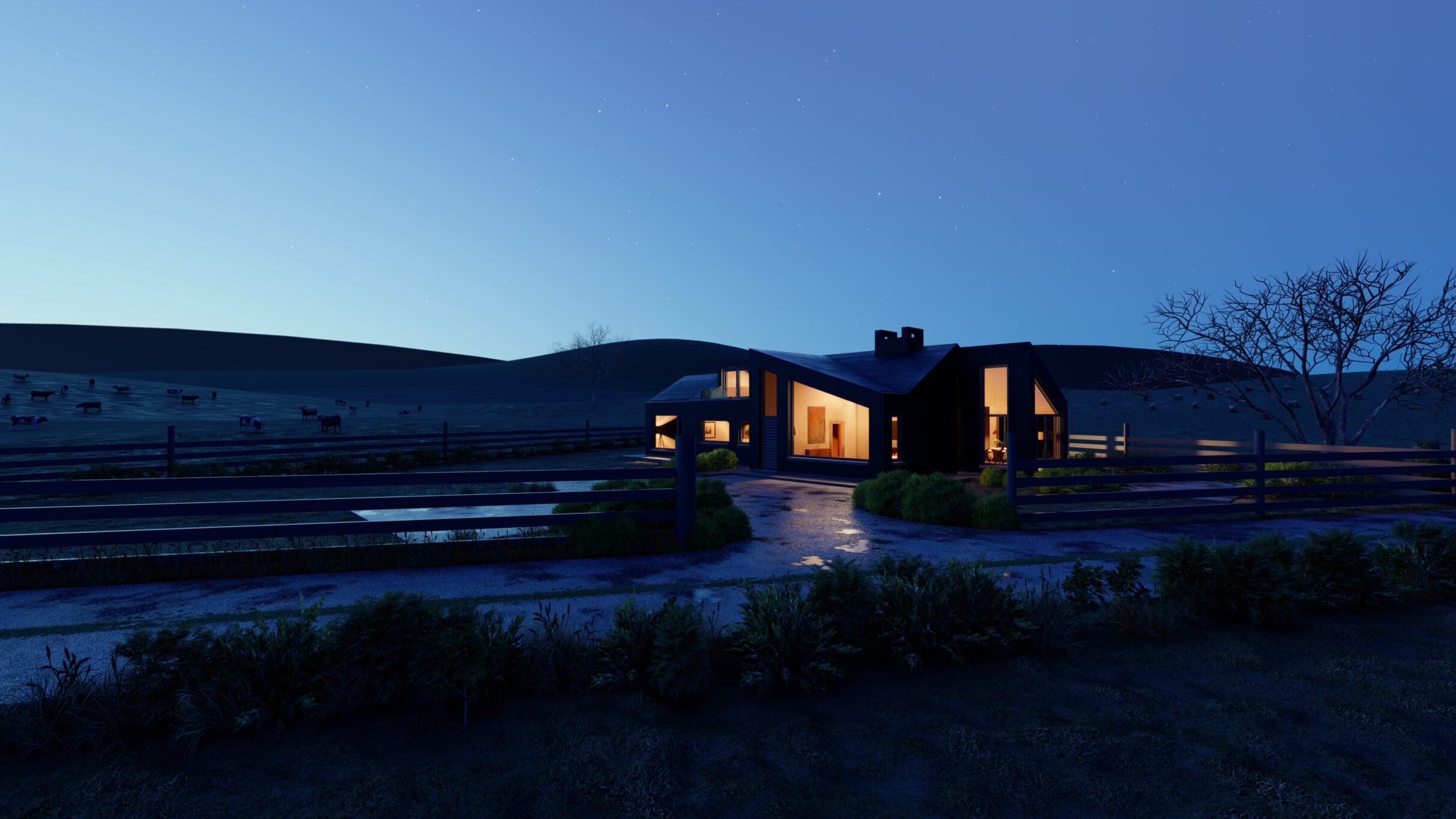 Modern farmhouse with evening lights and pasture landscape.