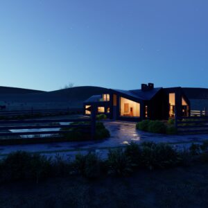 Modern farmhouse with evening lights and pasture landscape.